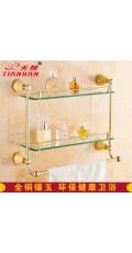 歐式鍍金色鑲玉雙層置物架 全銅玻璃化妝品架 帶桿化妝臺(tái)