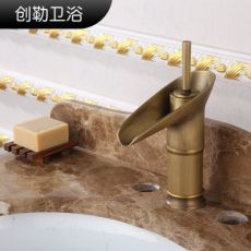 仿古水龍頭加高臺上盆竹節(jié)龍頭中式復古全銅單孔瀑布面盆龍頭
